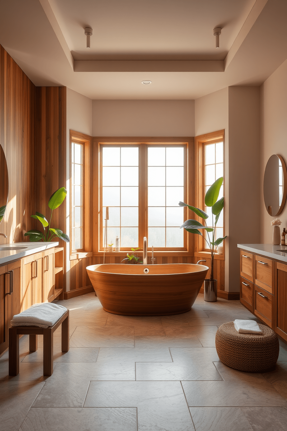 A serene spa bathroom setting featuring warm wooden elements throughout the design. The wooden cabinetry is complemented by a freestanding soaking tub surrounded by natural stone tiles. Large windows allow natural light to flood the space, enhancing the calming atmosphere. Soft, neutral colors on the walls create a tranquil backdrop for the lush greenery placed strategically around the room.