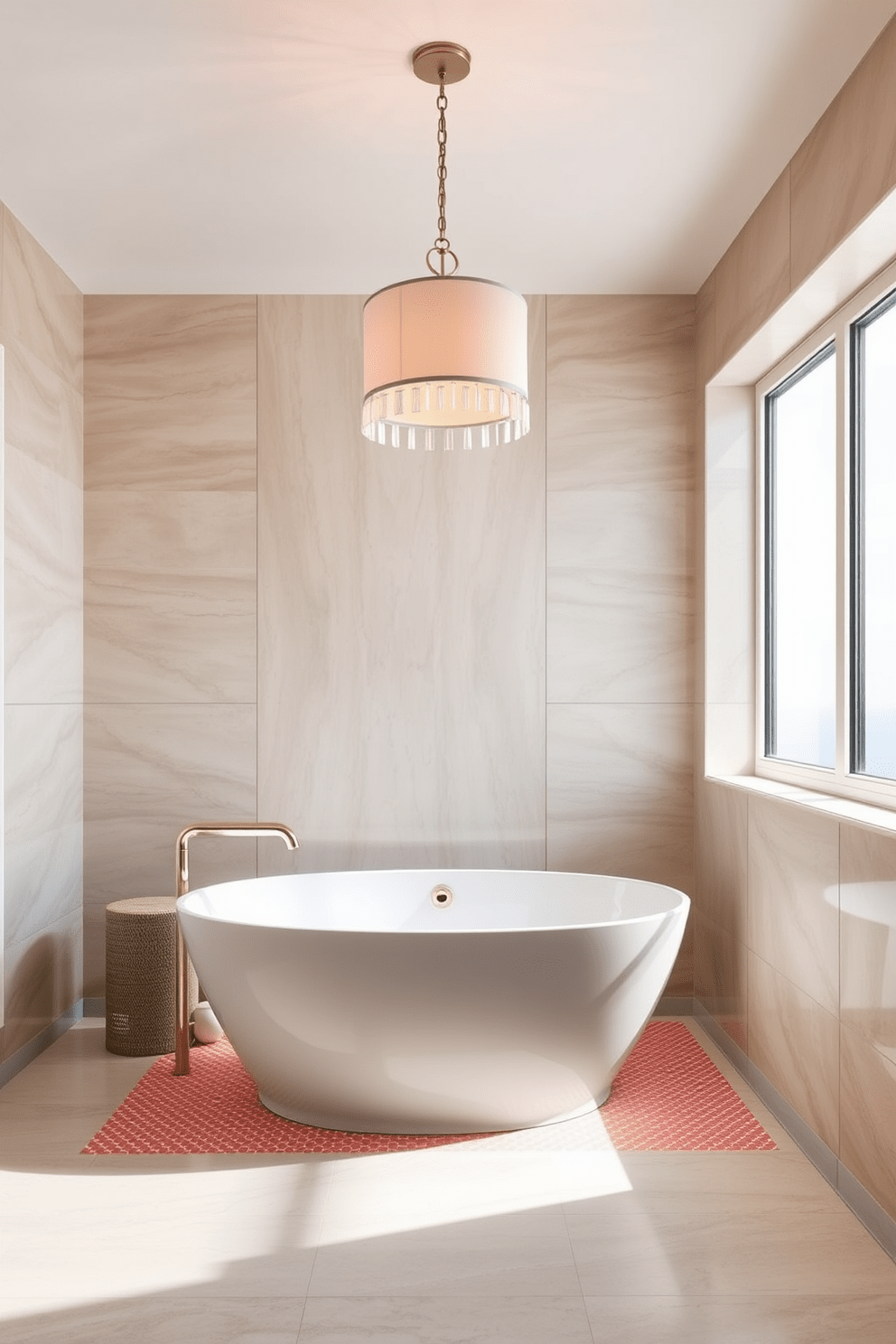 A luxurious spa bathroom featuring heated floors that provide ultimate comfort and relaxation. The space is adorned with a freestanding soaking tub positioned near a large window, allowing natural light to flood in. The walls are lined with soft, neutral tiles that create a serene atmosphere. Elegant pendant lighting hangs above the tub, casting a warm glow over the room.