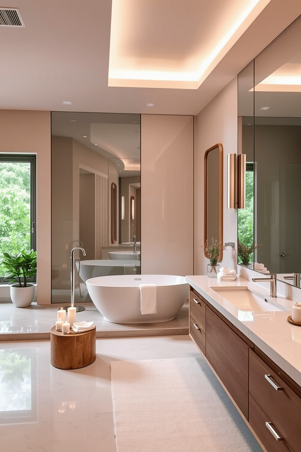 A serene spa bathroom setting featuring large mirrors that reflect natural light and create an illusion of a more spacious environment. The walls are adorned with soft, calming colors, and a freestanding soaking tub is positioned near a window, surrounded by lush greenery. The vanity showcases a sleek design with dual sinks and elegant fixtures, complemented by warm wood accents. Soft lighting fixtures provide a relaxing ambiance, while plush towels and aromatic candles add a touch of luxury.