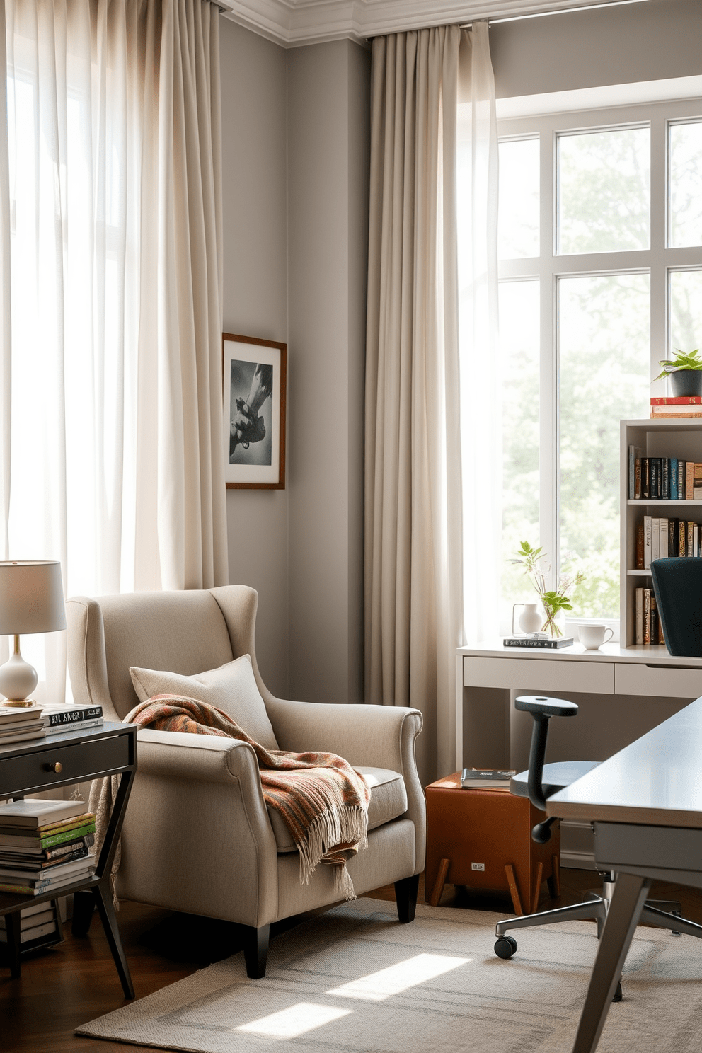 A cozy nook filled with natural light features a plush armchair positioned next to a large window. Soft, sheer curtains allow sunlight to filter in, creating a warm and inviting atmosphere. The space is adorned with a small side table holding a stack of books and a steaming cup of tea. A vibrant throw blanket drapes over the armchair, adding a pop of color and comfort. The spare bedroom is designed with a calming color palette of soft blues and whites. A queen-sized bed is dressed in luxurious linens, flanked by elegant nightstands with stylish lamps. Artwork hangs above the bed, adding personality to the room. A cozy reading corner is created with a comfortable chair and a small bookshelf filled with favorite novels. The office design features a modern desk with clean lines and ample storage. A comfortable ergonomic chair complements the workspace, while a large window provides plenty of natural light. Shelving units line the walls, displaying books and decorative items. A neutral color scheme with accents of green creates an inspiring and productive environment.