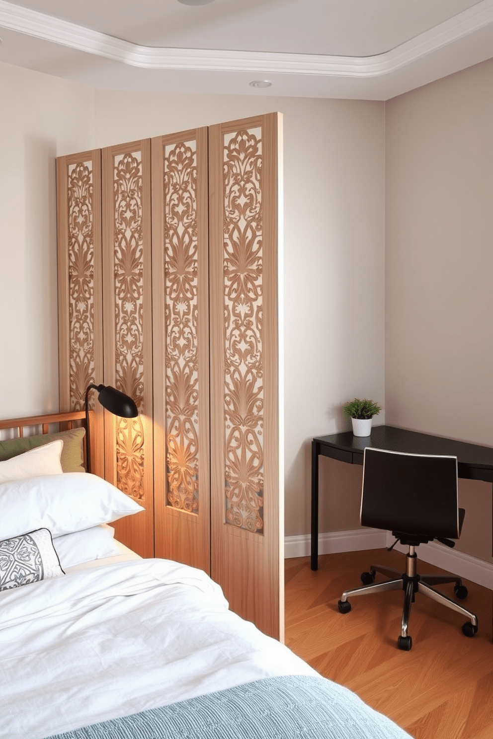 A cozy spare bedroom office features a stylish room divider that separates the sleeping area from the workspace. The divider is made of light wood with intricate cut-out patterns, adding an artistic touch while providing privacy. The bedroom area includes a comfortable bed dressed in soft linens and plush pillows, creating an inviting atmosphere. Adjacent to the bed, a sleek desk with a modern chair is positioned, complete with a small potted plant for a touch of greenery.