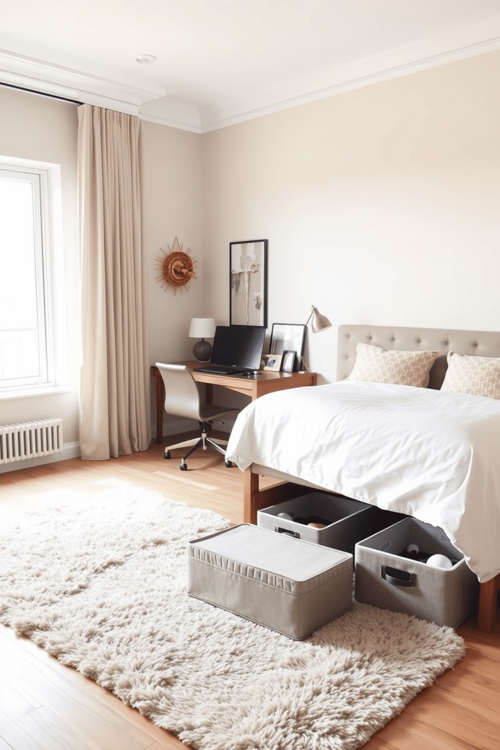 A cozy spare bedroom office with under-bed storage solutions to maximize space. The room features a sleek desk against the wall, paired with a comfortable chair, and bright natural light streaming through a large window. Beneath the bed, stylish storage bins are neatly arranged, keeping the area clutter-free. Soft, neutral colors adorn the walls, while a plush area rug adds warmth and comfort to the space.