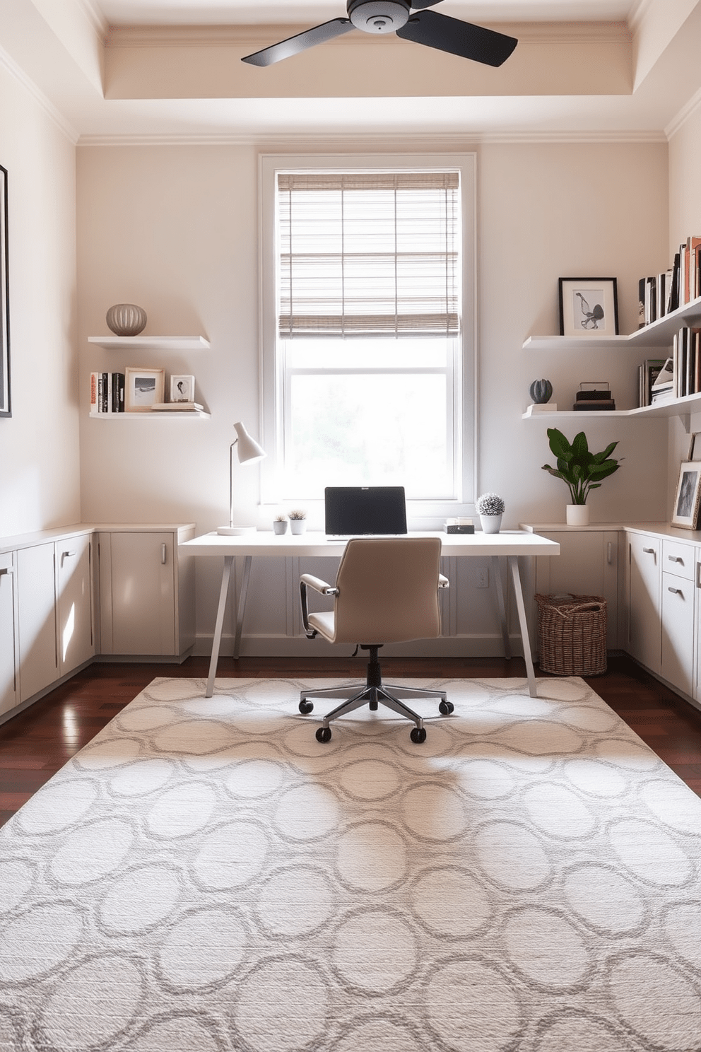 A stylish area rug anchors the space in the spare bedroom office, featuring a soft texture and a modern geometric pattern. The rug complements the neutral color palette of the room, adding warmth and a touch of sophistication. Incorporated into the design are a sleek desk and a comfortable chair, positioned to maximize natural light from the window. Shelves filled with books and decorative items line the walls, creating an inviting and functional workspace.