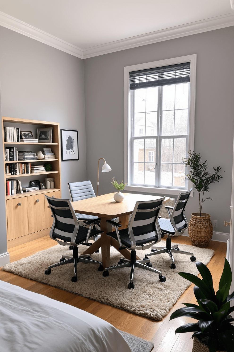 A cozy spare bedroom office featuring a small conference table that comfortably seats four. The walls are painted in a soft gray, and a large window allows natural light to fill the space, highlighting a stylish bookshelf filled with books and decorative items. The conference table is made of light wood, surrounded by modern ergonomic chairs. A plush area rug under the table adds warmth, while a small potted plant sits in the corner, enhancing the inviting atmosphere.