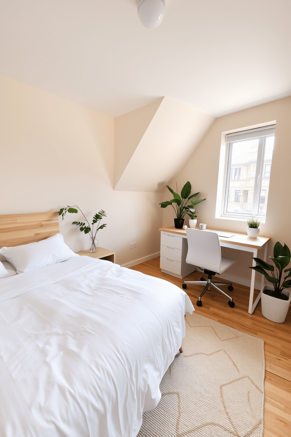 A serene spare bedroom office featuring a comfortable bed with soft white linens and a minimalist wooden headboard. To one side, a sleek desk with a light wood finish is positioned near a window, complemented by a stylish ergonomic chair. The walls are painted in a soft beige to enhance the calming atmosphere. A cozy area rug in a neutral tone lies beneath the desk, while a few potted plants add a touch of greenery to the space.