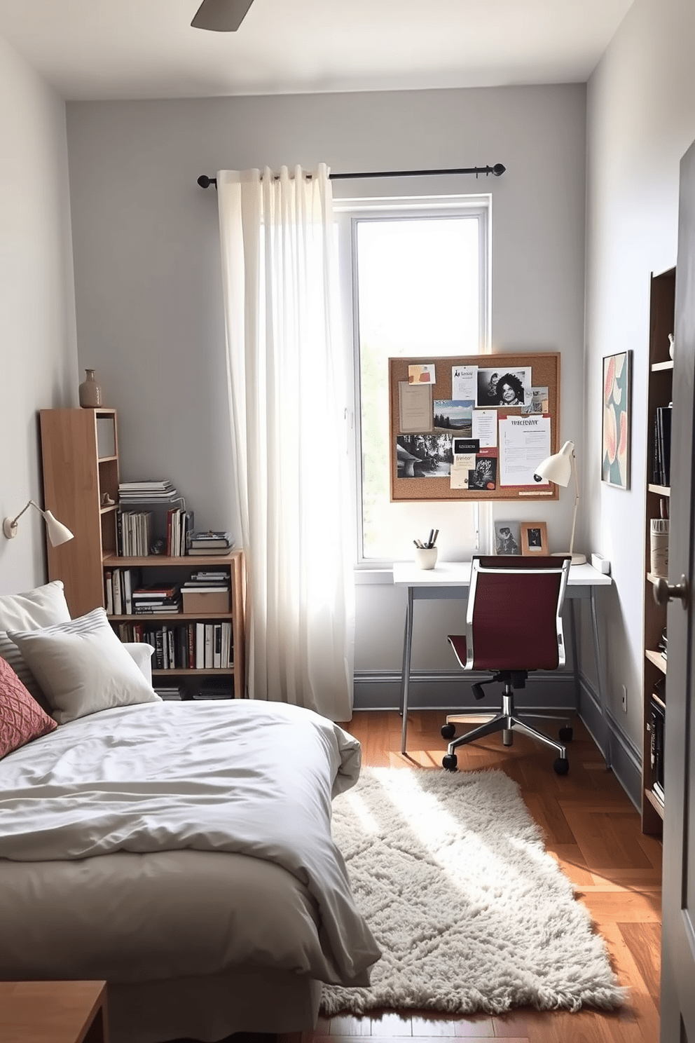 A cozy spare bedroom office features a comfortable bed with soft linens in one corner and a stylish desk with a modern chair in another. The walls are painted in a calming light gray, and a bulletin board is mounted above the desk, showcasing organized notes and inspiring images. Natural light floods the space through a large window dressed with sheer curtains. A small bookshelf stands against one wall, filled with books and decorative items, while a plush area rug adds warmth to the hardwood floor.