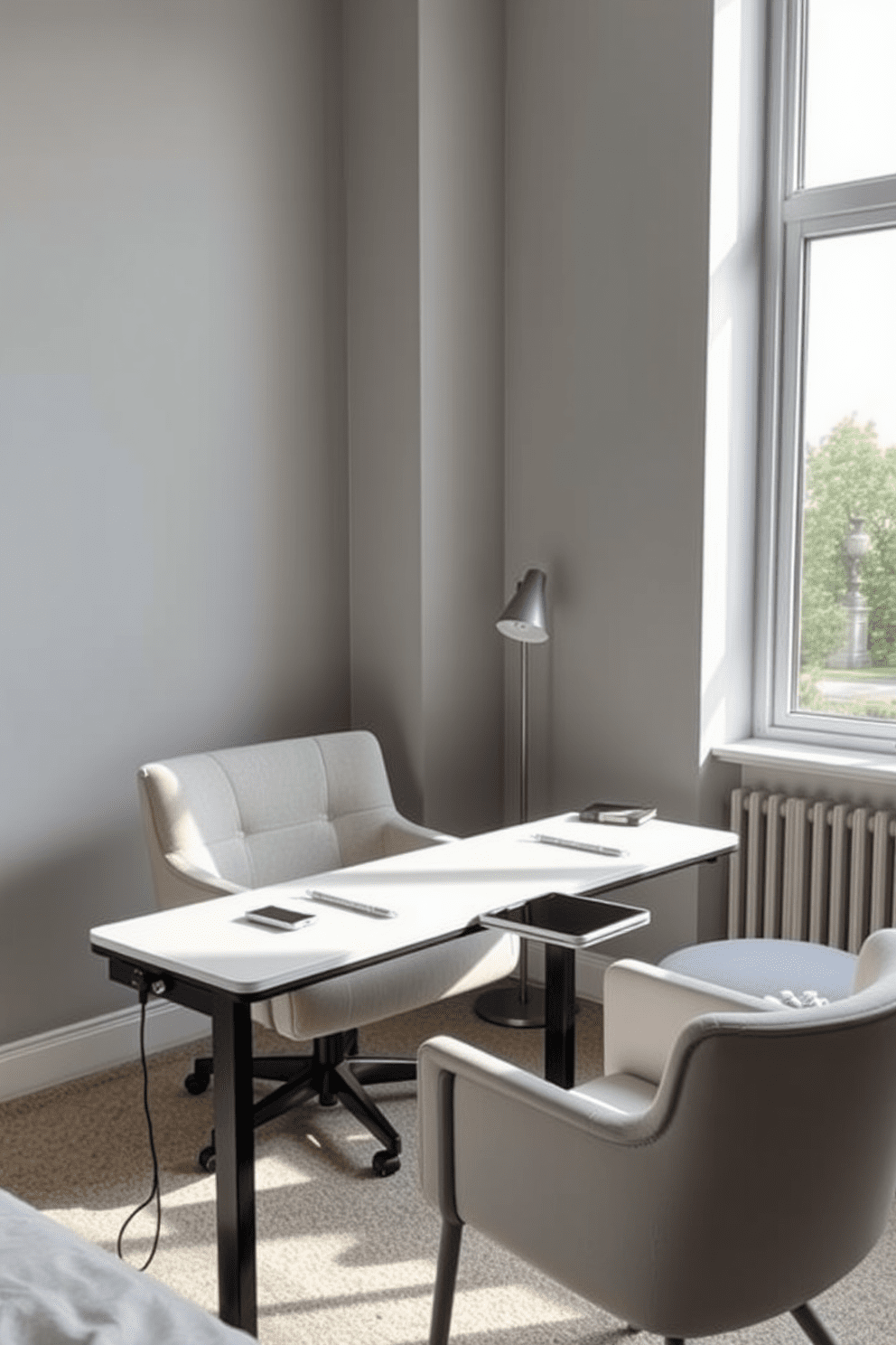 A modern spare bedroom office featuring a sleek desk with built-in charging stations. The desk is positioned near a large window that allows natural light to flood the space, enhancing productivity and comfort. The walls are painted in a soft gray hue, creating a calming atmosphere. A cozy armchair is placed in the corner, accompanied by a small side table for added functionality.