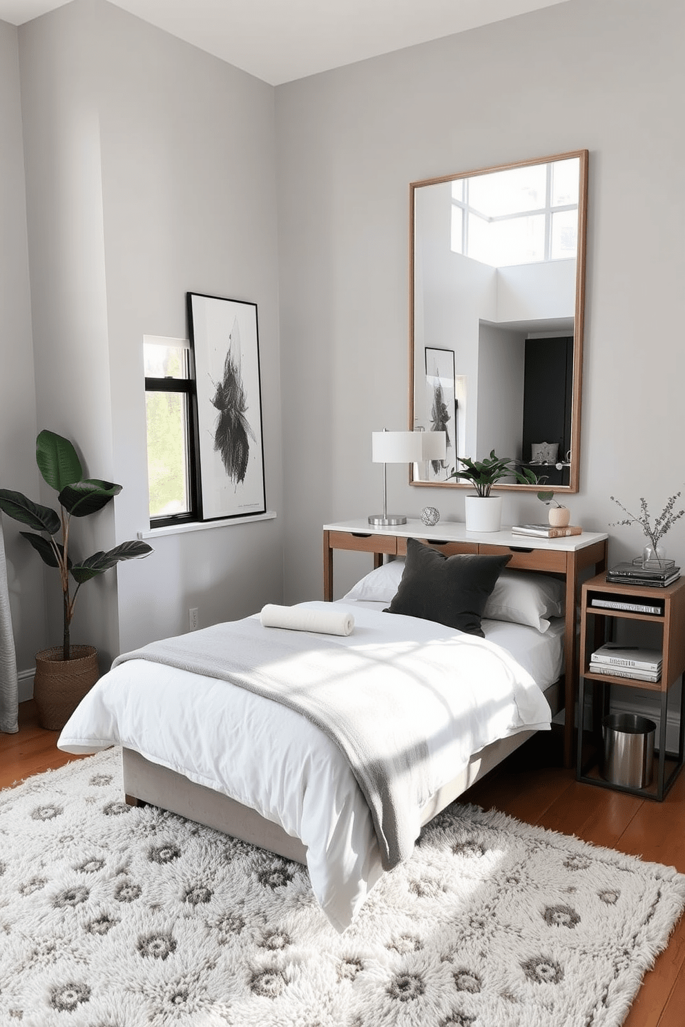 A cozy spare bedroom office features a comfortable bed with soft linens and a stylish desk positioned near a window. The walls are painted in a light gray hue, and a large mirror above the desk reflects natural light, creating an airy feel. The desk is adorned with a sleek lamp and a few decorative items, while a plush area rug adds warmth to the space. A small bookshelf beside the bed holds books and plants, bringing a touch of greenery into the room.