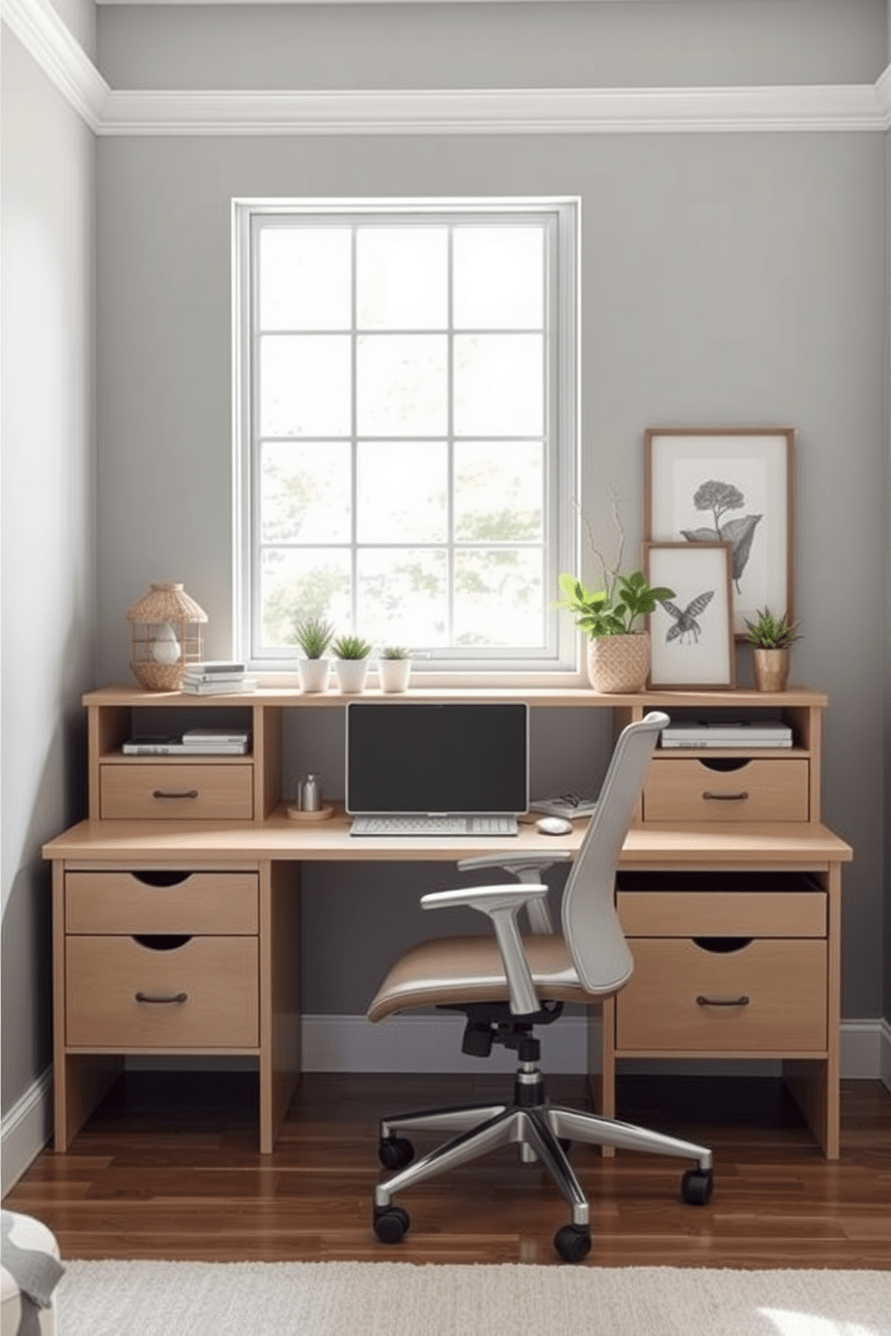 A stylish multi-functional desk designed for a spare bedroom office. The desk features built-in storage options, including drawers and shelves, and is paired with a comfortable ergonomic chair. The walls are painted in a soft gray tone to create a calming atmosphere. Natural light floods the room through a large window, highlighting decorative elements like potted plants and framed artwork.