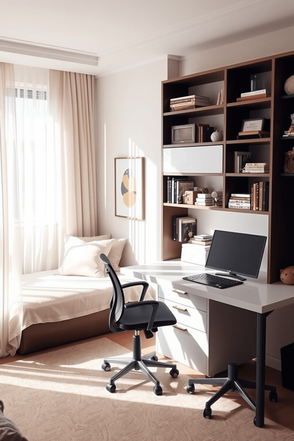 A cozy spare bedroom office featuring a comfortable daybed adorned with soft pillows. Natural light filters through sheer curtains, creating a serene atmosphere while maintaining privacy. A sleek desk with a minimalist design is positioned against the wall, complemented by an ergonomic chair. Shelves filled with books and decorative items add personality to the space, enhancing both functionality and style.