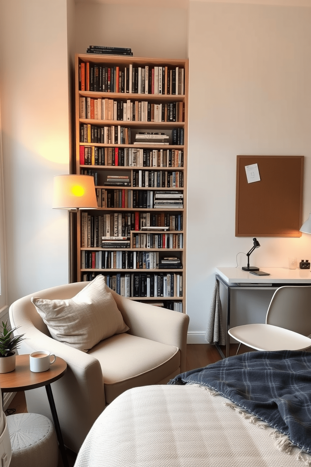 A cozy reading corner featuring a plush armchair upholstered in soft fabric, positioned beside a tall bookshelf filled with an array of books. A warm floor lamp casts a gentle glow, and a small side table holds a steaming cup of tea and a decorative plant. A spare bedroom designed as a multifunctional space, with a comfortable bed adorned with textured pillows and a soft throw blanket. A sleek desk with a stylish chair is placed against the wall, complemented by a bulletin board for notes and inspiration.