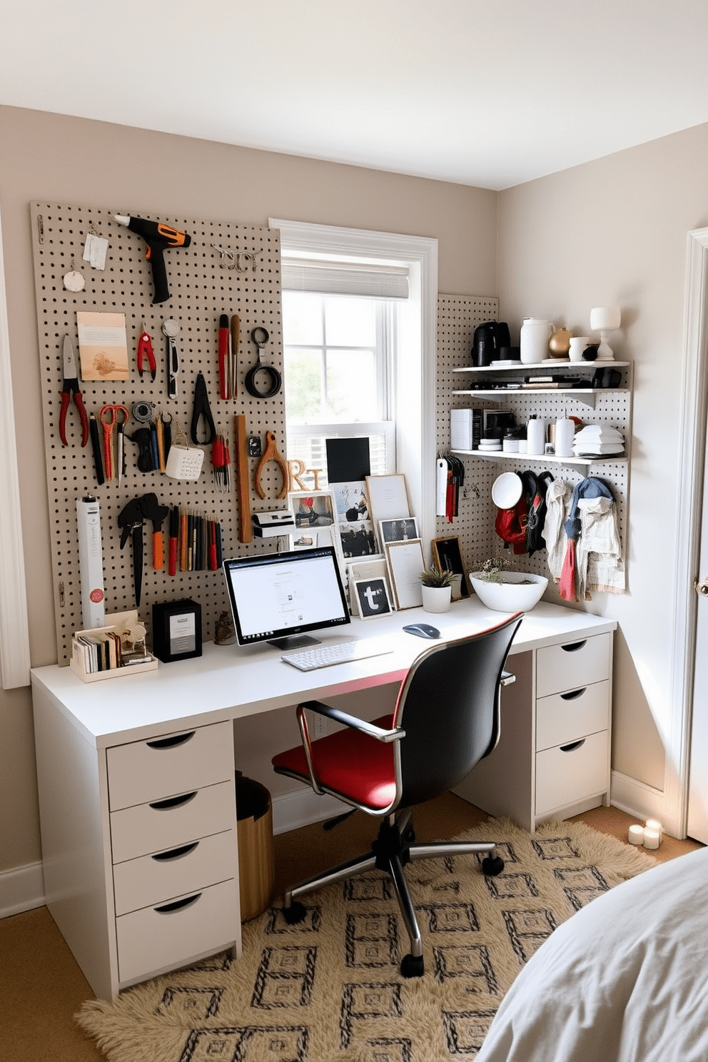 A cozy spare bedroom office with a pegboard wall for creative storage. The pegboard is filled with neatly organized tools, stationery, and decorative items, providing both functionality and style. The room features a comfortable desk positioned by a window, allowing natural light to illuminate the workspace. Soft, muted colors on the walls create a calming atmosphere, complemented by a plush rug underfoot.