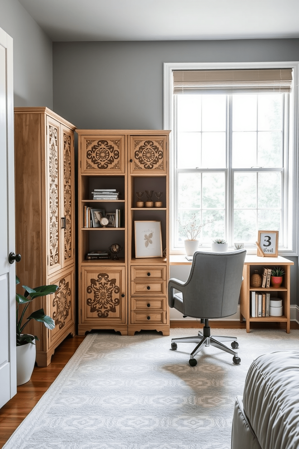 A stylish spare bedroom office features decorative file cabinets that blend functionality with aesthetics. The cabinets are crafted from light wood with intricate carvings and are placed against a soft gray wall, providing a serene backdrop for productivity. A cozy desk sits in front of a large window, allowing natural light to illuminate the workspace. The room is accessorized with a comfortable chair and a small bookshelf filled with inspiring decor and plants, creating an inviting atmosphere.