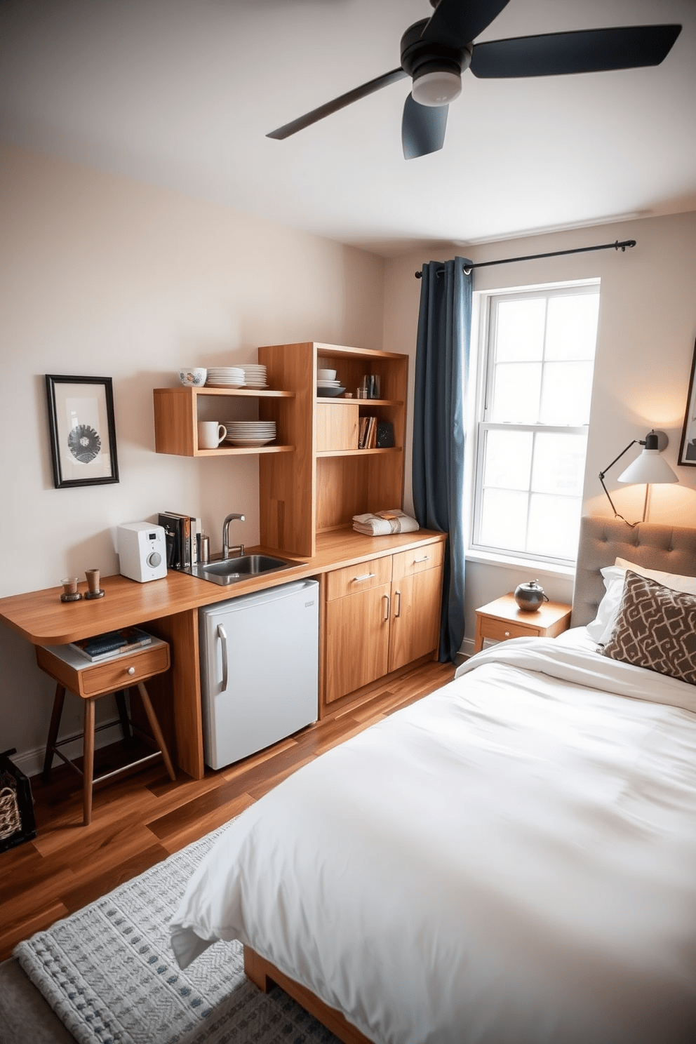 A cozy spare bedroom featuring a small kitchenette area. The kitchenette includes a compact fridge, a sink, and open shelving with stylish dishware, seamlessly integrated into the room's design. The bedroom area is adorned with a plush bed dressed in soft linens, flanked by modern bedside tables. A comfortable reading nook with a chair and a small bookshelf is positioned near a window, allowing natural light to flood the space.