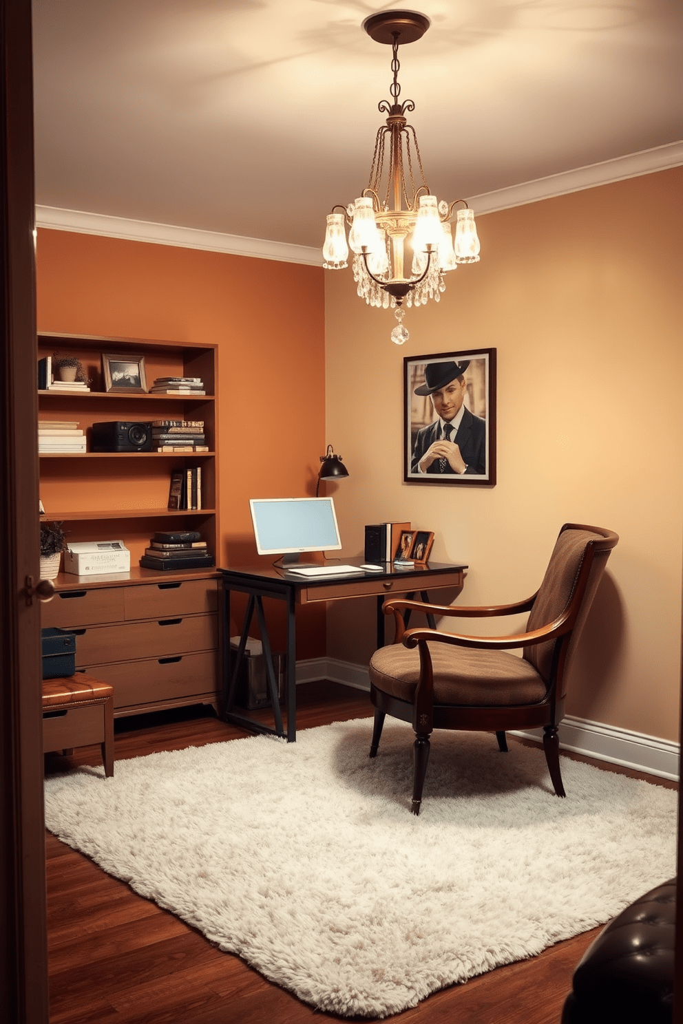 A cozy spare bedroom office that blends vintage and modern furniture styles. The room features a sleek modern desk paired with a classic wooden armchair, creating a perfect workspace. Soft lighting from a vintage chandelier illuminates the room, enhancing the warm tones of the walls. A plush area rug lies beneath the desk, adding comfort and style to the space.