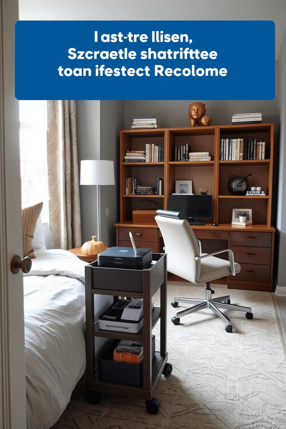 A cozy spare bedroom office that maximizes functionality and comfort. The room features a sleek rolling cart that holds office supplies and a small printer, allowing for easy mobility and access. The bed is adorned with soft linens in neutral tones, while a stylish desk with a comfortable chair is positioned near a window for natural light. A bookshelf filled with books and decorative items adds personality to the space, creating an inviting atmosphere for work and relaxation.