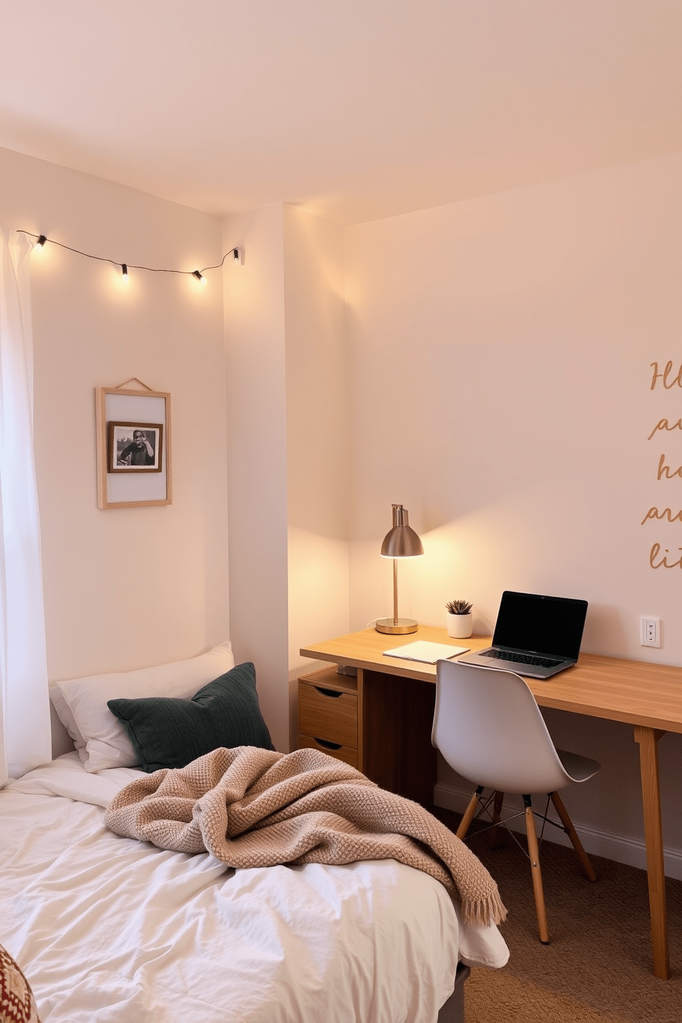 A cozy spare bedroom office featuring a comfortable bed in one corner with soft linens and a plush throw blanket. Adjacent to the bed, a sleek wooden desk is adorned with a stylish lamp and a laptop, creating a functional workspace. The walls are painted in a soft pastel hue, enhancing the room's brightness. String lights are delicately draped along the ceiling, adding a warm and inviting glow to the space.