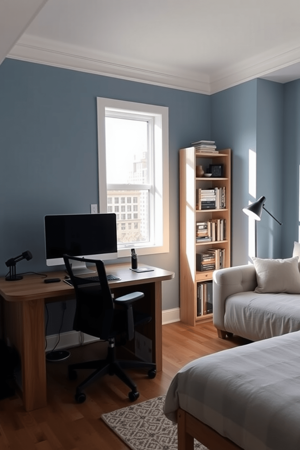 A tech-friendly workspace setup features a sleek wooden desk with built-in cable management and an ergonomic chair. The walls are painted in a calming blue shade, and a large window allows natural light to flood the room, enhancing productivity. In the spare bedroom office design, a comfortable daybed doubles as a seating area and guest accommodation. A minimalist bookshelf filled with books and decorative items is positioned against one wall, while a small desk with a modern lamp sits in the corner, creating a cozy and functional work environment.