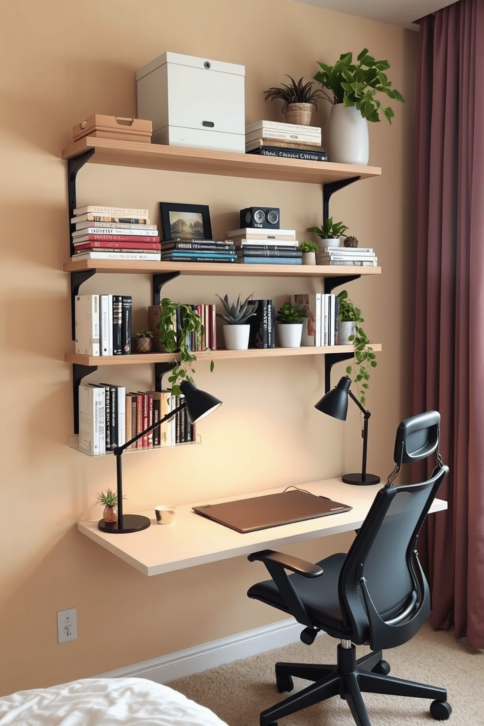 A cozy spare bedroom office features wall-mounted shelves that maximize vertical space while providing ample storage. The shelves are filled with books, decorative boxes, and plants, creating a functional yet inviting atmosphere. A sleek desk is positioned beneath the shelves, complemented by a comfortable ergonomic chair. Soft lighting from a stylish desk lamp enhances the warm color palette of the room, making it perfect for both work and relaxation.