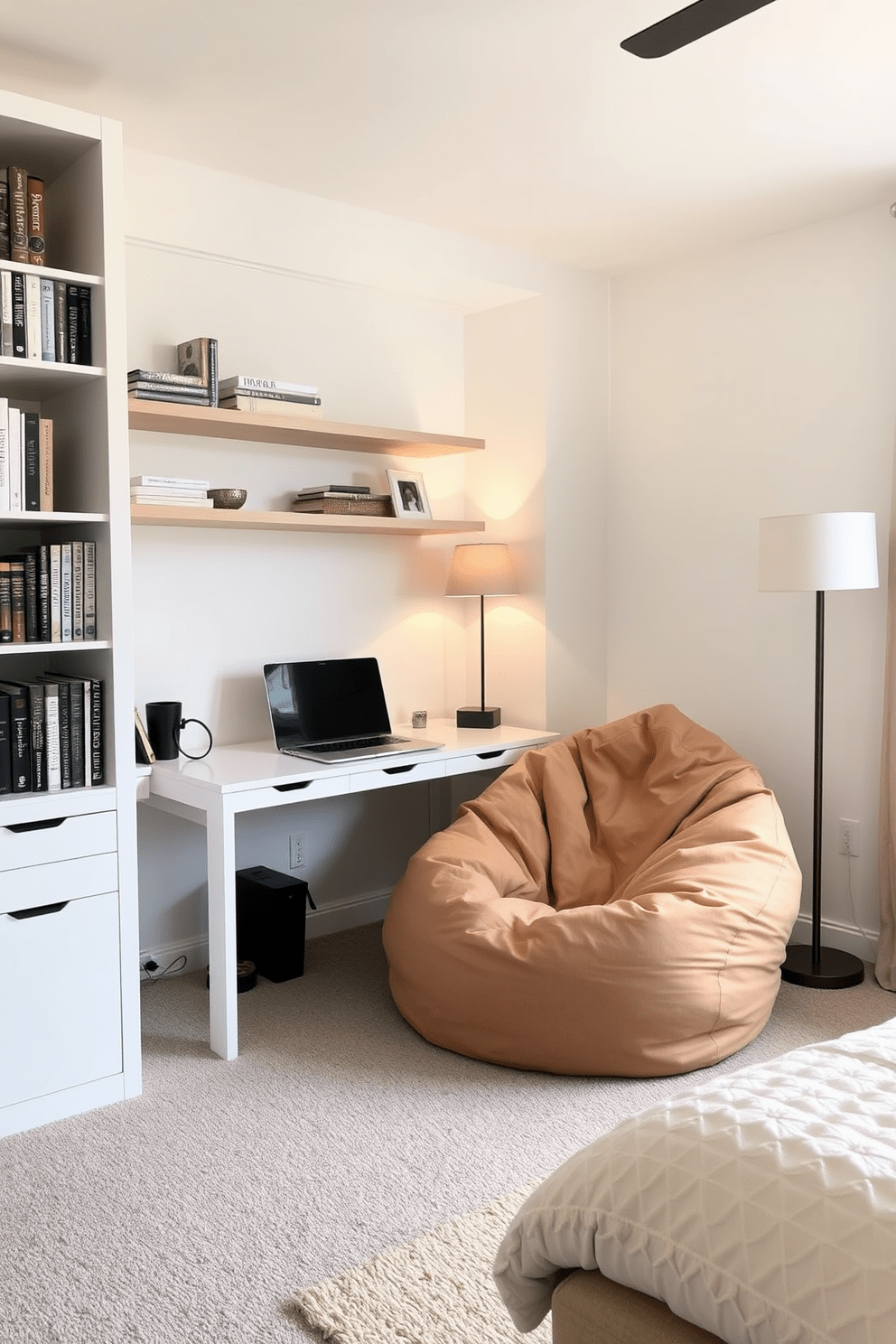 A cozy spare bedroom office features a comfortable bean bag chair in a warm neutral color. The room is designed with a sleek desk against the wall, complemented by a stylish lamp and shelves filled with books and decorative items.