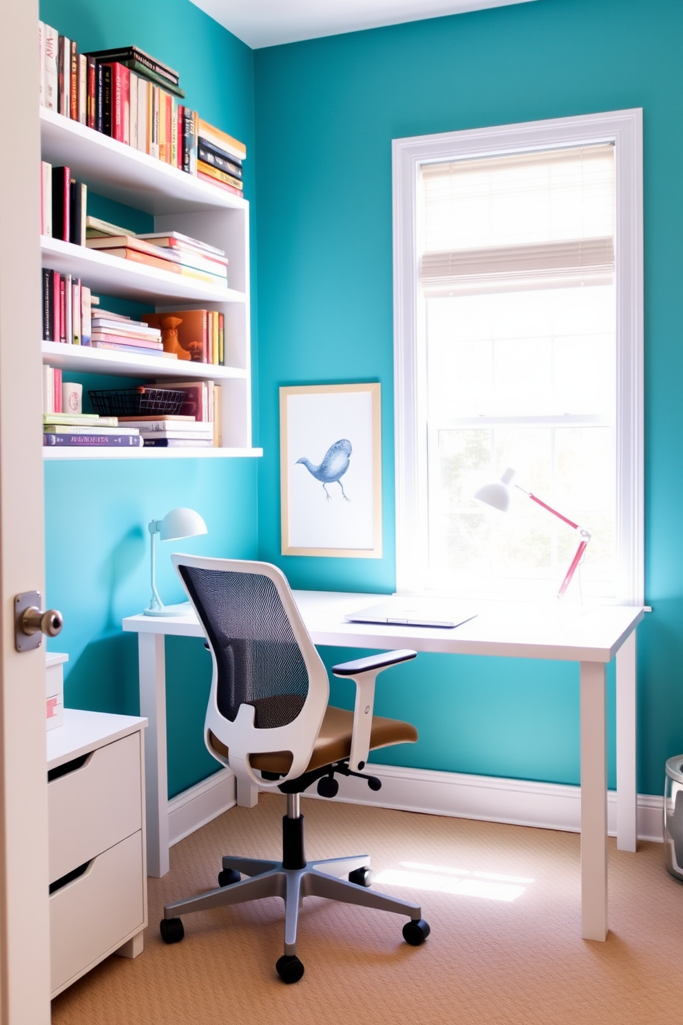 A bright accent wall in a spare bedroom office creates a vibrant and energizing atmosphere. The wall is painted in a bold teal color, complementing the minimalist white furniture and natural light streaming through the window. A sleek desk with a modern design is positioned against the accent wall, accompanied by a comfortable ergonomic chair. Shelves filled with books and decorative items are mounted above the desk, adding personality and functionality to the space.