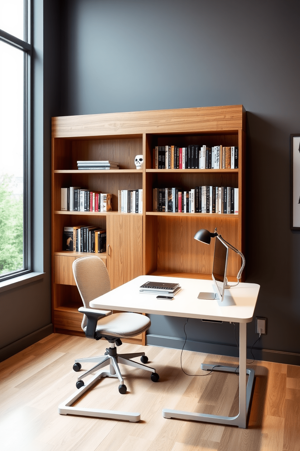 A modern adjustable standing desk is positioned against a wall, featuring a sleek finish and integrated cable management. The surrounding area is designed with a cozy atmosphere, including a comfortable chair and a small bookshelf filled with inspiring books. The walls are painted in a soft gray hue, complemented by warm wooden accents. A large window allows natural light to flood the space, enhancing productivity and creating an inviting workspace.