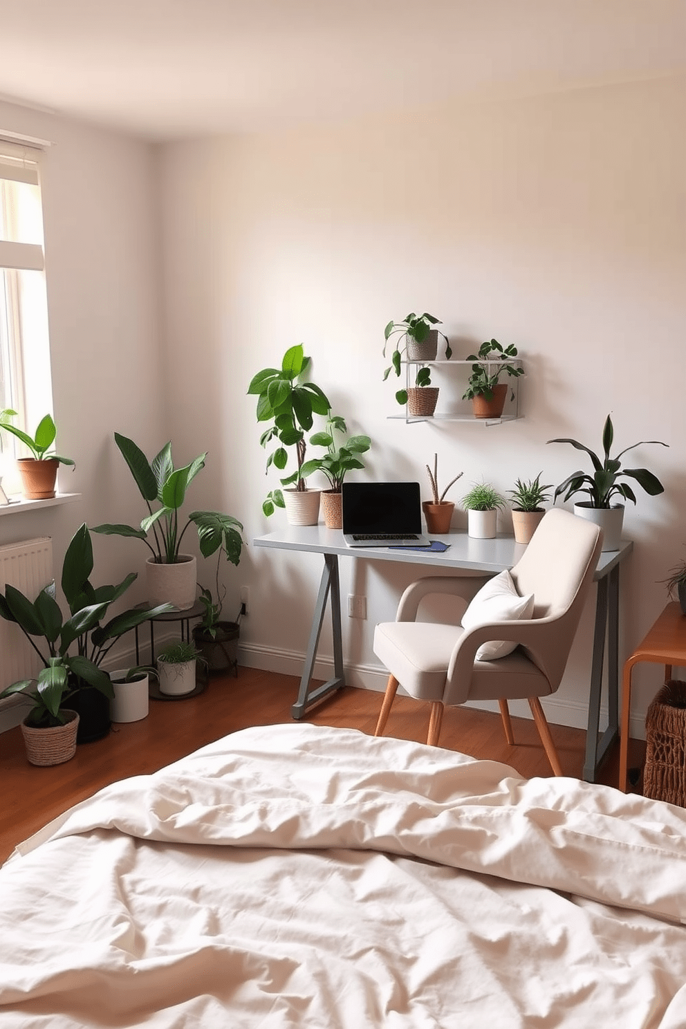 A cozy spare bedroom office features a comfortable bed with soft linens in a neutral color palette. A stylish desk with a sleek design is positioned near a window, allowing natural light to illuminate the workspace. The room is adorned with various potted plants, adding a refreshing touch of greenery. A comfortable chair sits beside the desk, creating an inviting atmosphere for both work and relaxation.