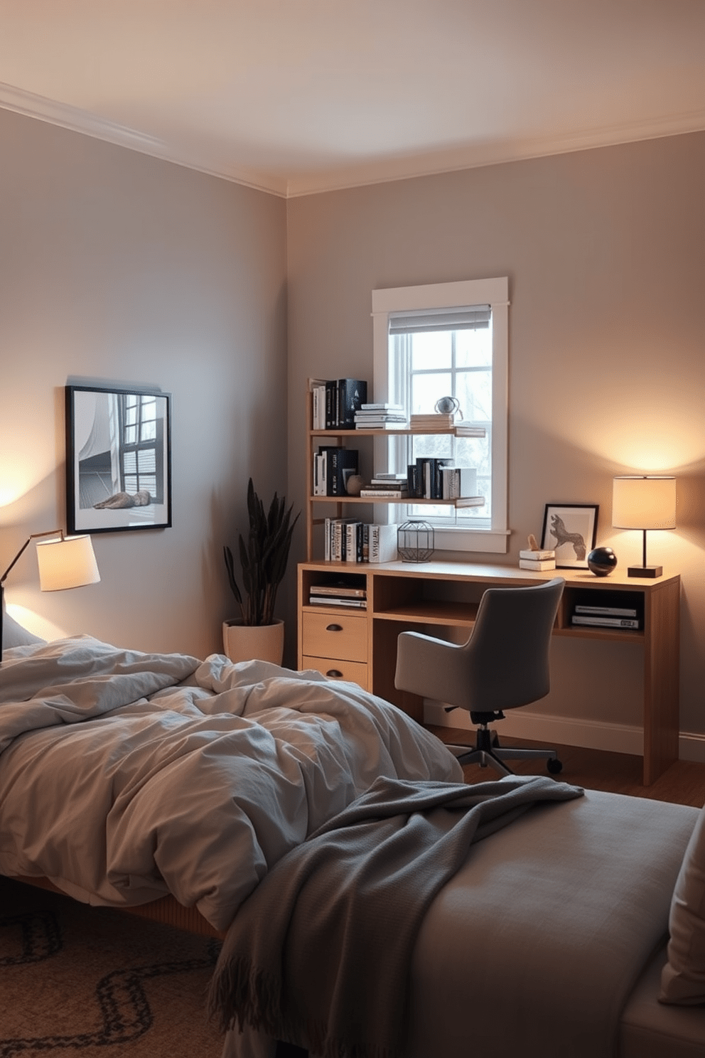 A cozy spare bedroom office featuring soft ambient lighting that creates a calming environment. The room includes a plush bed with soft linens and a stylish desk positioned near a window, allowing natural light to complement the warm glow of the lamps. The walls are painted in a soothing light gray, enhancing the tranquil vibe. A comfortable chair sits at the desk, surrounded by shelves filled with books and decorative items, adding a personal touch to the workspace.