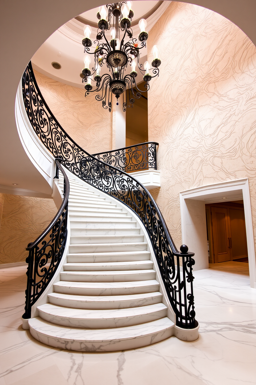 Luxurious marble spiral staircase in a grand foyer. The staircase features intricate wrought iron railings and is illuminated by a stunning chandelier overhead. The steps are crafted from polished white marble with subtle grey veining. Richly textured walls in a soft cream tone enhance the elegance of the space.