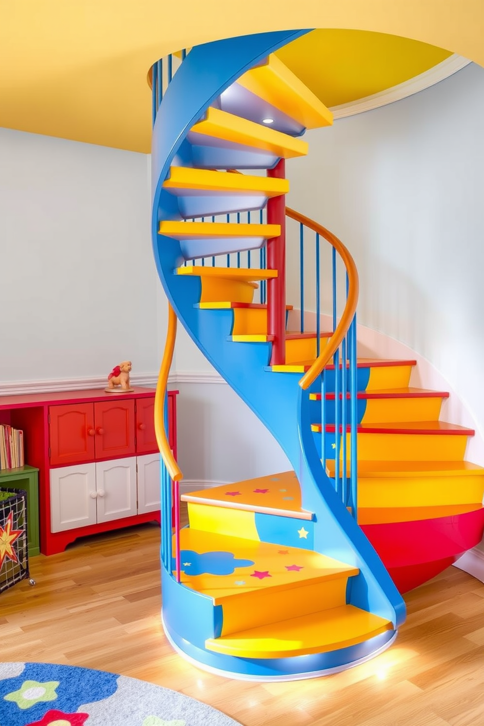 A colorful painted spiral staircase winds gracefully in a bright and cheerful kids room. The staircase features vibrant hues of blue, yellow, and red, creating an inviting and playful atmosphere. The steps are adorned with whimsical patterns, such as stars and clouds, to inspire creativity. Soft lighting illuminates the staircase, enhancing its colorful appeal and ensuring safety during playtime.