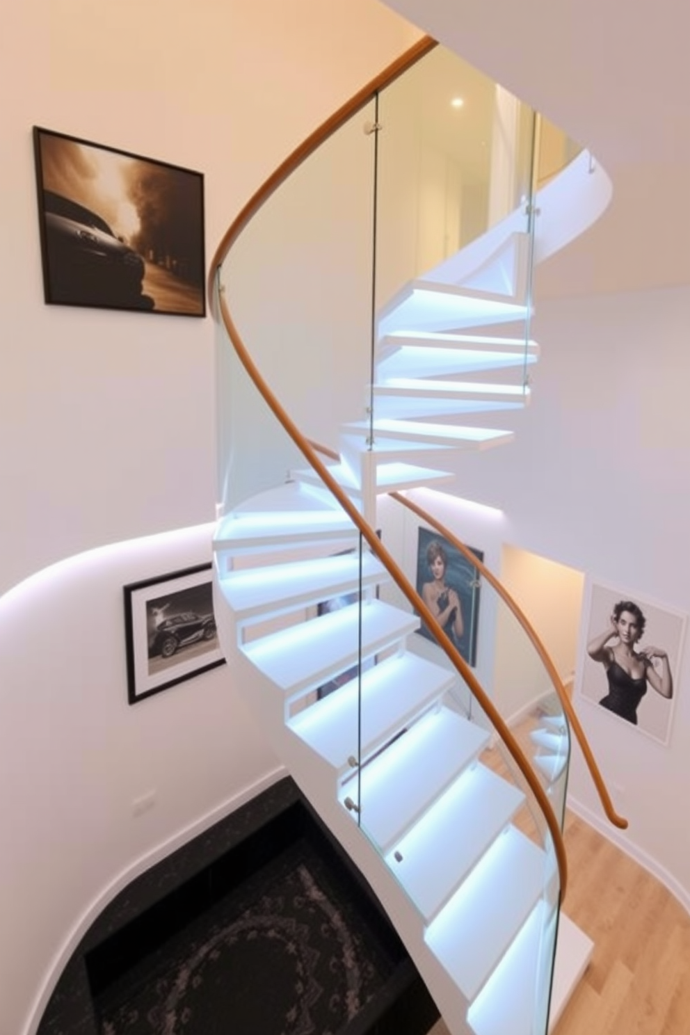 A stunning floating spiral staircase elegantly ascends to the upper level, featuring a sleek wooden handrail and a glass balustrade that enhances the open feel of the space. LED lighting is integrated into the staircase design, casting a soft glow that highlights the curves and adds a modern touch to the overall aesthetic. The staircase is set against a backdrop of a minimalist interior with neutral tones, allowing it to stand out as a statement piece. The surrounding walls are adorned with contemporary artwork, complementing the sophisticated look of the floating spiral staircase.