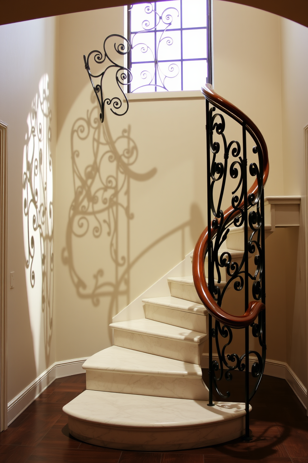 Classic wrought iron spiral staircase design. The staircase features intricate scrollwork and a polished wooden handrail, creating a stunning focal point in the entryway. The steps are elegantly shaped, leading gracefully to the upper level. Soft lighting highlights the ornate details, casting beautiful shadows on the surrounding walls.