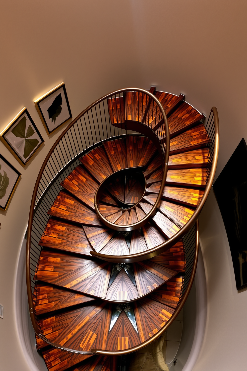 A stunning spiral staircase features unique geometric patterns that create a visual centerpiece in the space. The staircase is crafted from a combination of polished wood and metal, showcasing intricate details in each step. The surrounding walls are adorned with minimalist artwork that complements the staircase design. Soft, ambient lighting highlights the geometric patterns, casting interesting shadows and enhancing the overall aesthetic.