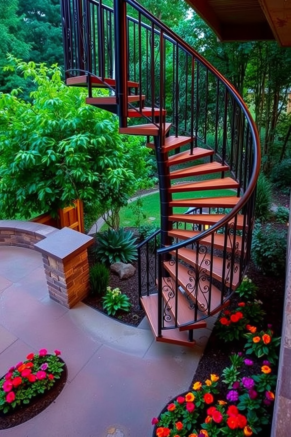 A stunning outdoor spiral staircase leads from the patio to the lush garden below. The staircase features elegant wrought iron railings and wooden treads, seamlessly blending with the surrounding greenery. The design incorporates soft ambient lighting that highlights the staircase at night. Surrounding the base of the staircase are vibrant flower beds, adding color and charm to the outdoor space.