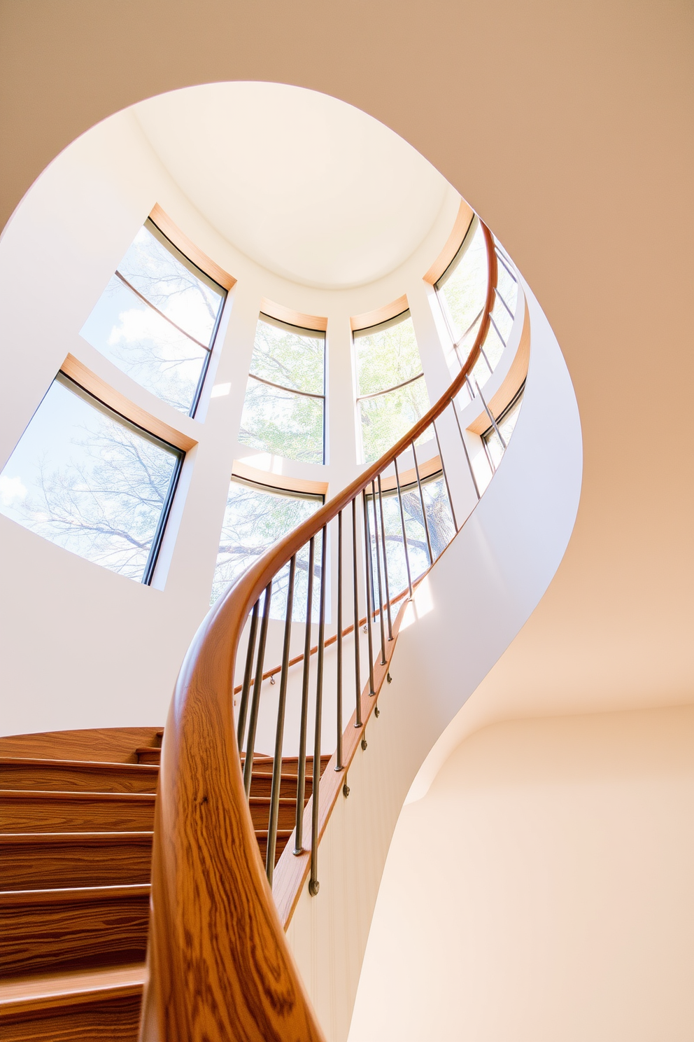 Spiral staircase featuring a smooth wooden handrail that elegantly curves upwards. The staircase is surrounded by large windows allowing natural light to flood the space, highlighting the rich wood grain and creating a warm atmosphere.