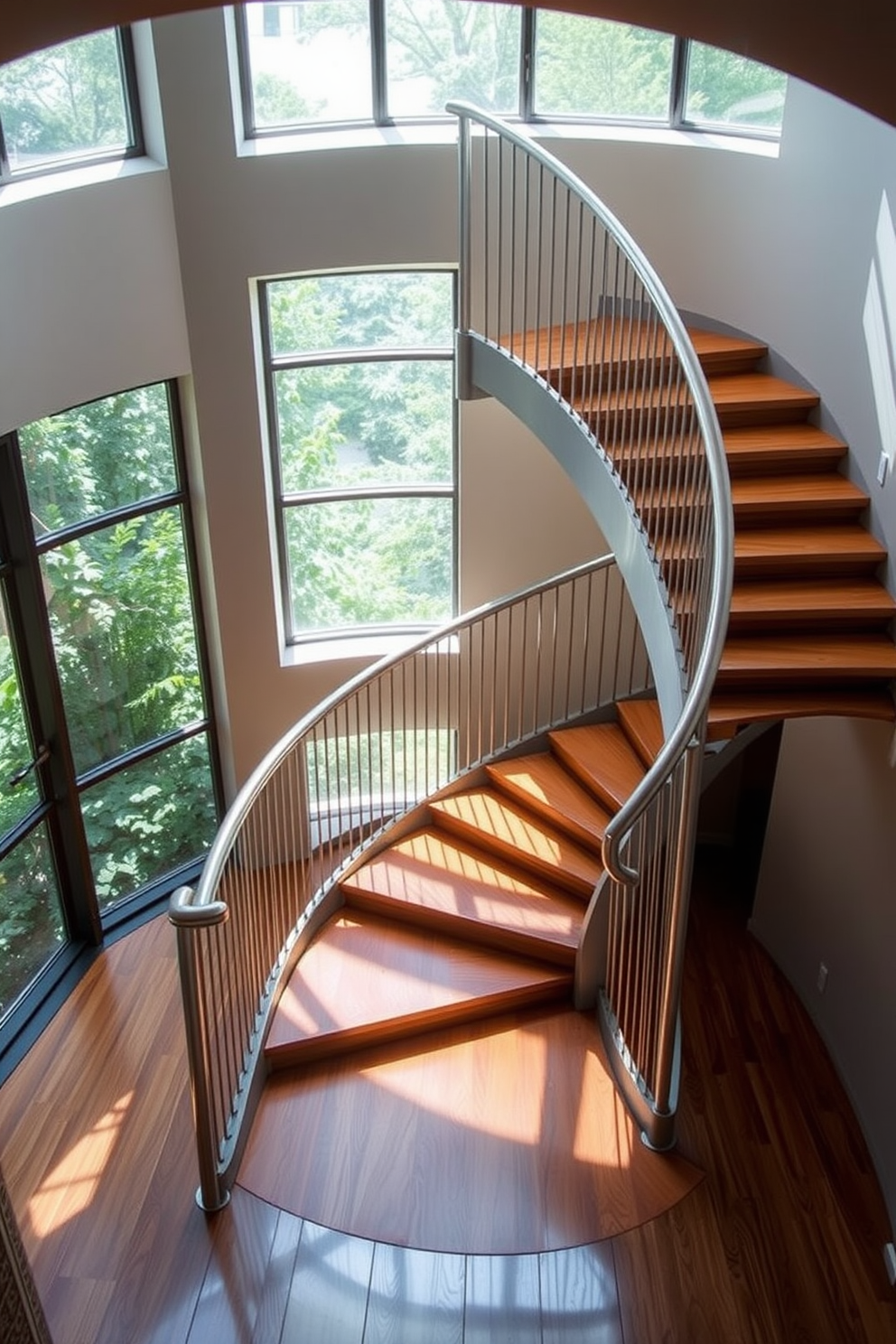 Artistic spiral staircase with sculptural elements. The staircase features a sleek metal railing that flows seamlessly into the design, creating a sense of elegance and movement. The treads are made of rich hardwood, contrasting beautifully with the soft lighting that highlights the curves of the staircase. Surrounding the staircase, large windows allow natural light to flood the space, enhancing the artistic features of the design.