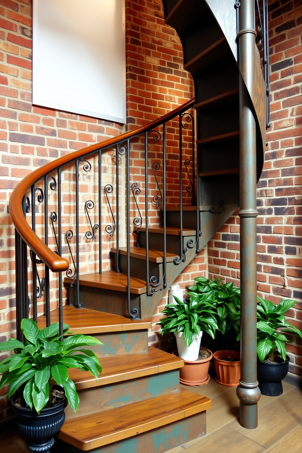 A vintage style spiral staircase with a patina finish elegantly winds upward, showcasing intricate wrought iron detailing along the railing. The staircase is set against a backdrop of exposed brick walls, enhancing its classic charm and inviting ambiance. Soft, ambient lighting illuminates the staircase, highlighting the unique textures of the aged wood steps and the subtle sheen of the patina. Potted plants are strategically placed at the base, adding a touch of greenery that complements the vintage aesthetic.