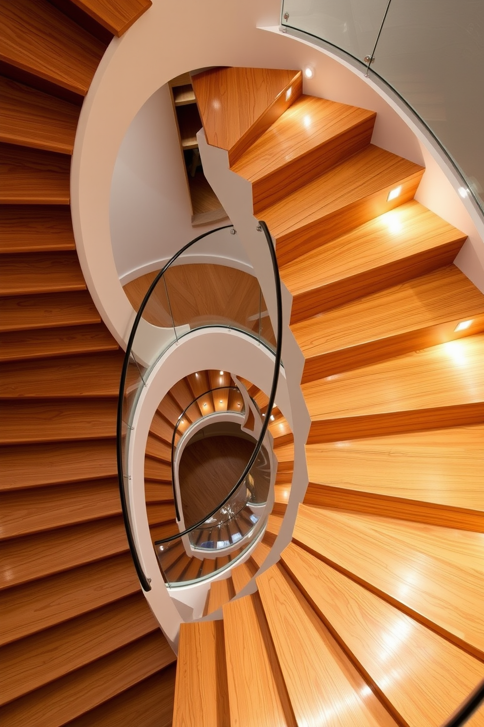 A stunning spiral staircase features elegant wooden steps that gracefully ascend. Built-in storage solutions are integrated into the design, seamlessly blending functionality with aesthetic appeal. The staircase is surrounded by a sleek glass railing that enhances the open feel of the space. Soft, ambient lighting highlights the curves of the staircase, creating a warm and inviting atmosphere.