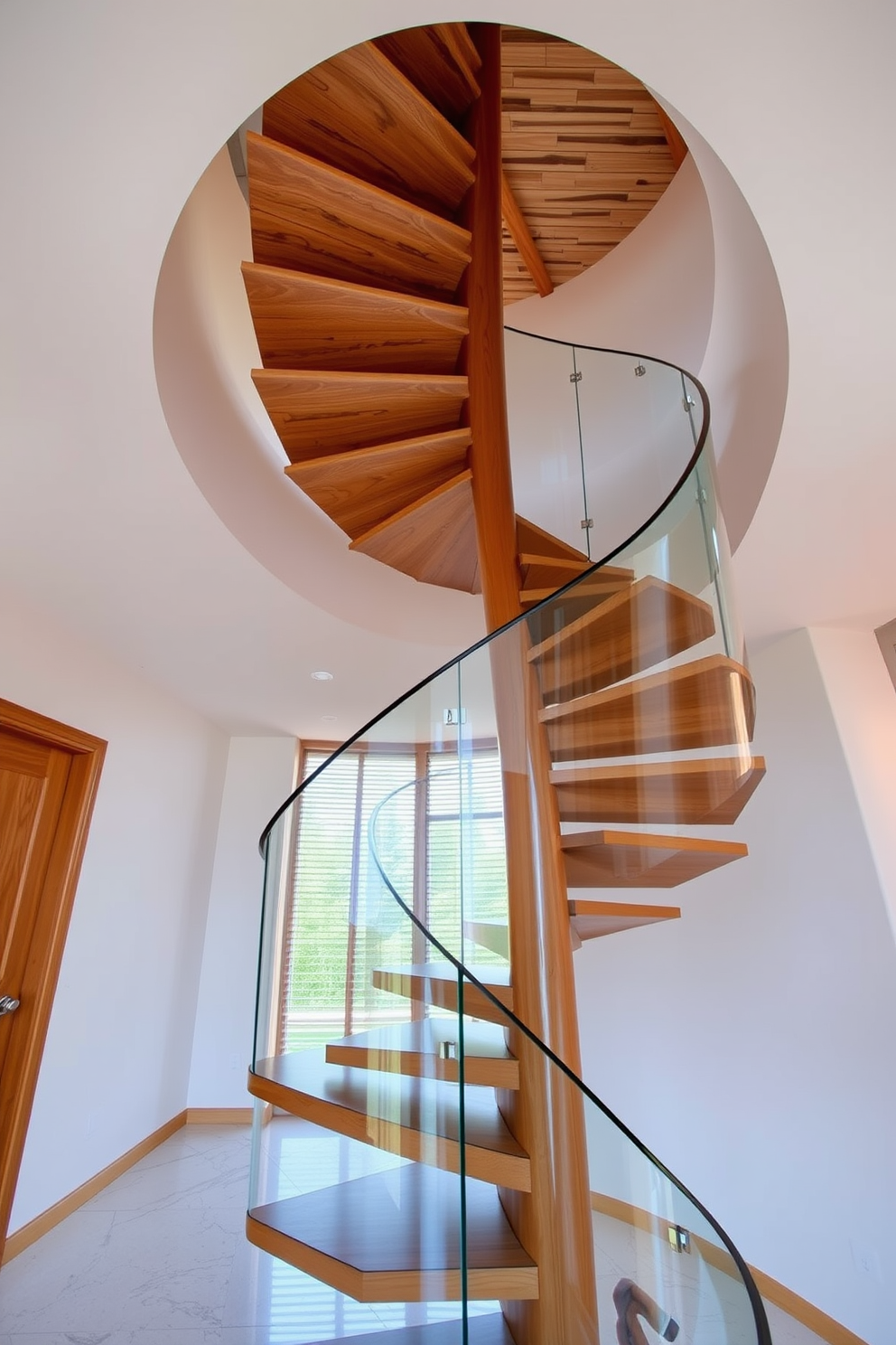 A stunning wooden spiral staircase gracefully ascends with a sleek glass railing that enhances its elegance. The warm tones of the wood contrast beautifully with the transparency of the glass, creating a modern yet inviting focal point in the space.