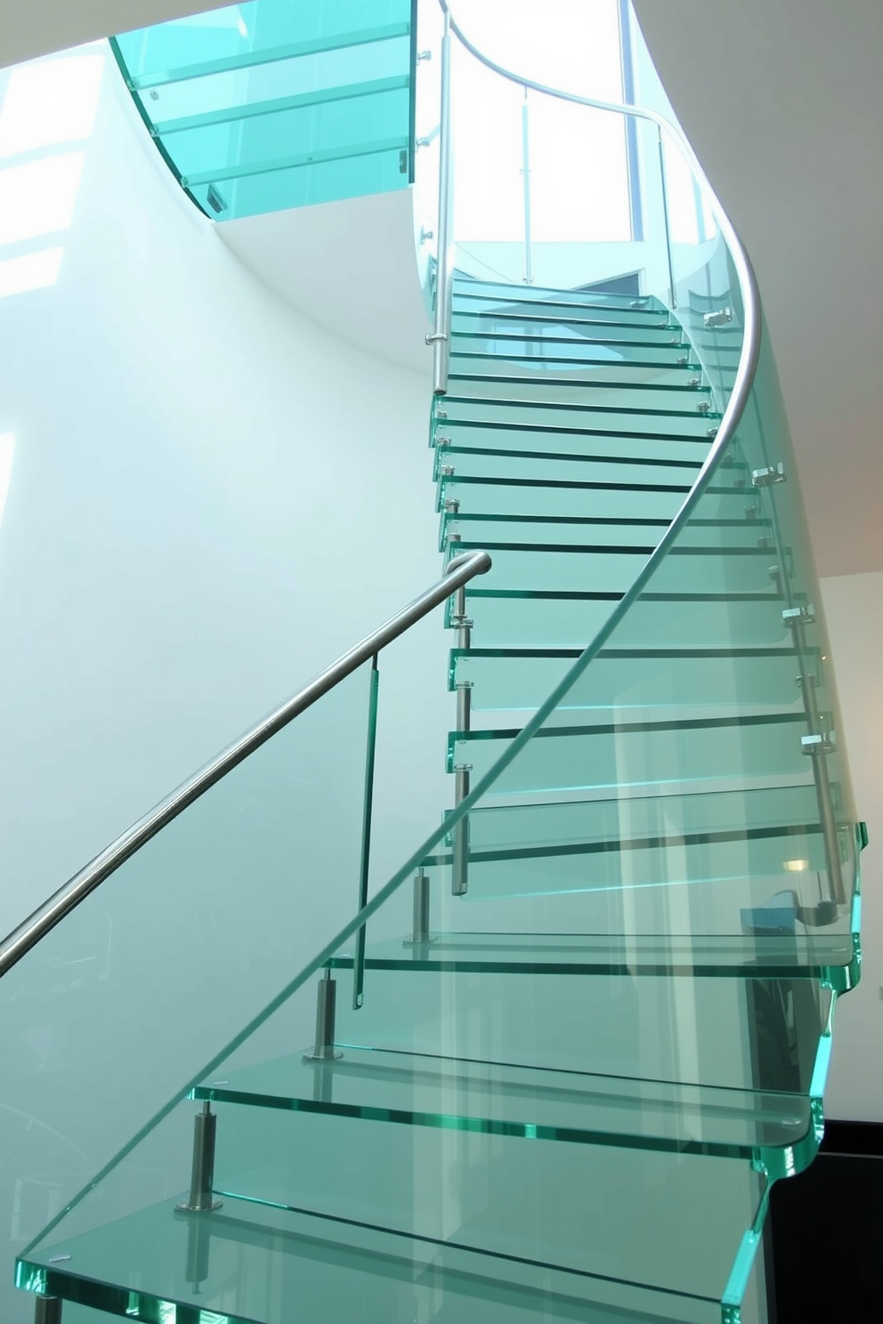 A contemporary glass spiral staircase elegantly curves upwards, featuring sleek metal handrails that complement the transparent steps. Natural light floods the space, accentuating the staircase's modern design and creating a stunning focal point in the room.