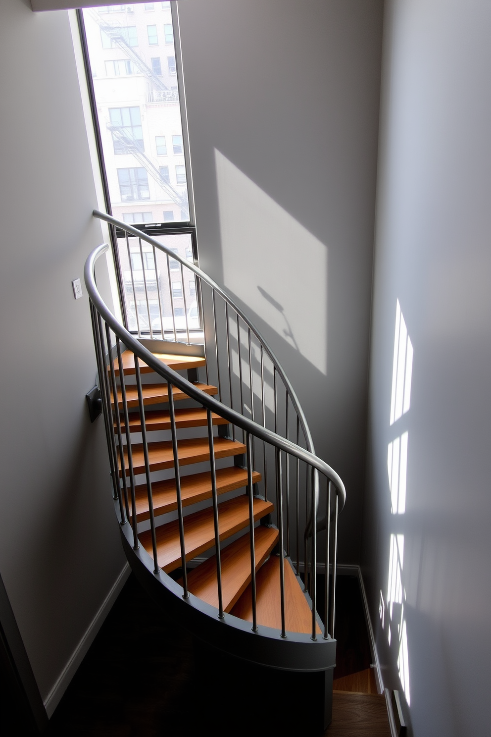 A narrow spiral staircase winds elegantly in an urban apartment setting. The staircase features sleek metal railings and wooden treads that complement the modern decor. Natural light filters through a large window nearby, casting shadows on the staircase. The walls are painted in a soft gray, enhancing the contemporary feel of the space.