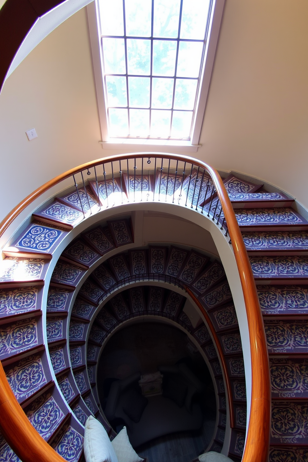 A stunning spiral staircase featuring intricate decorative tile risers that add a unique flair to the overall design. The staircase is surrounded by natural light streaming in from a large window, highlighting the elegant curves and craftsmanship of the structure. The handrail is made of polished wood, complementing the rich colors of the tiles. Below the staircase, a small seating area with plush cushions invites relaxation and enjoyment of the beautiful architectural details.