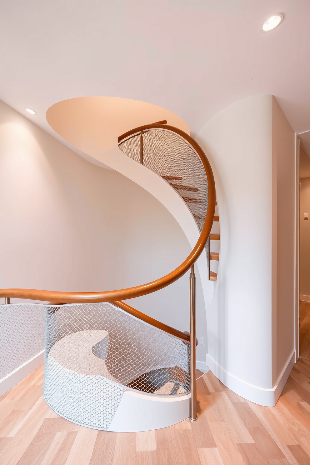 Chic spiral staircase with metal mesh details. The staircase features sleek lines and a modern aesthetic, with a polished wooden handrail that contrasts beautifully with the metal mesh. The surrounding area is illuminated by soft, ambient lighting that highlights the staircase's elegant curves. A minimalist design approach is taken with the flooring, using light-colored hardwood to enhance the airy feel of the space.