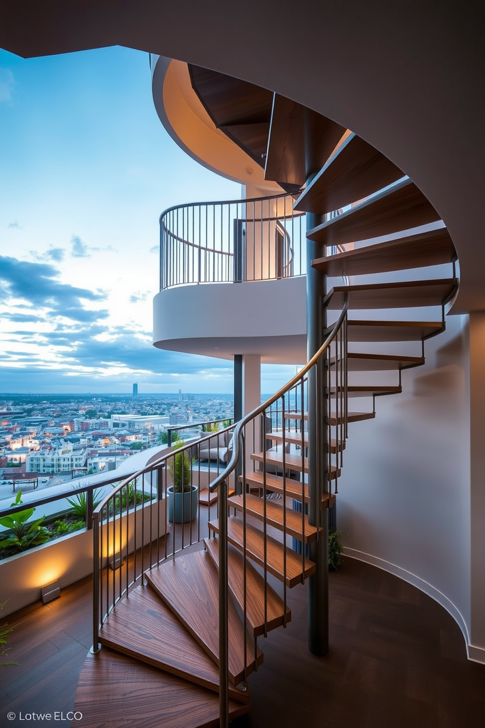 A stunning spiral staircase elegantly winds its way up to a beautiful rooftop terrace. The staircase features a sleek metal railing and wooden treads, creating a perfect blend of modern and classic design. The rooftop terrace boasts a breathtaking view, adorned with comfortable seating and lush greenery. Soft ambient lighting enhances the inviting atmosphere, making it an ideal space for relaxation and entertaining.