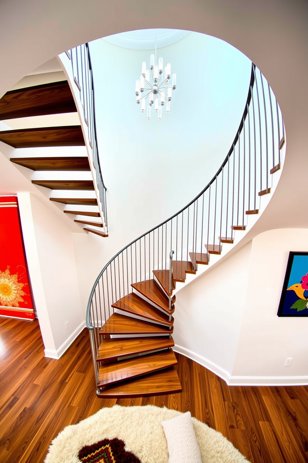 A stunning spiral staircase with a sleek metal railing spirals gracefully upward. The steps are a rich walnut wood, contrasting beautifully with the white walls and a vibrant accent color that adds a pop of personality. The staircase is illuminated by a modern chandelier that hangs from a high ceiling. Below, a plush area rug in complementary colors anchors the space, creating a warm and inviting atmosphere.