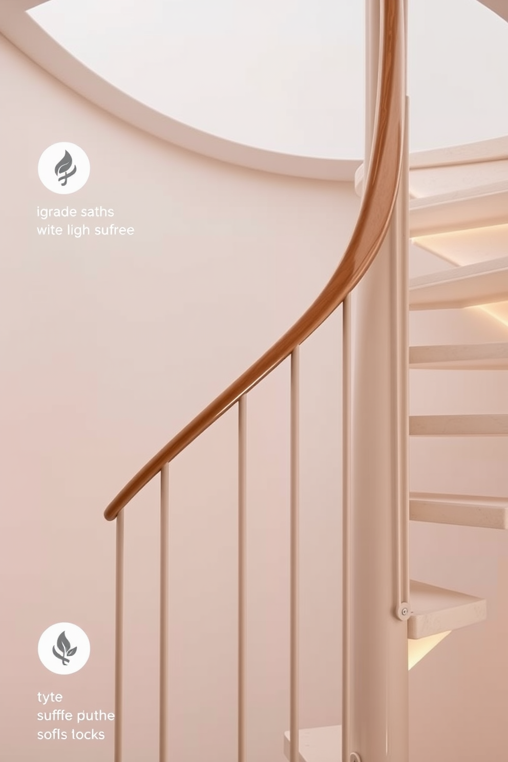 A functional spiral staircase with safety features is elegantly designed to blend seamlessly with the surrounding decor. The handrail is sturdy and ergonomic, ensuring safety while adding an aesthetic touch to the space. The staircase features wide treads and a non-slip surface for enhanced stability. Soft, ambient lighting highlights the staircase's curves, creating a warm and inviting atmosphere.