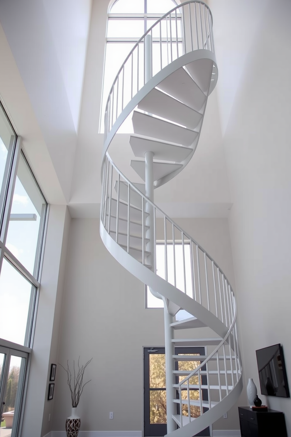 A lightweight aluminum spiral staircase gracefully winds upwards, featuring sleek lines and a modern aesthetic. The staircase is surrounded by large windows that allow natural light to flood the space, enhancing the airy feel of the design. The handrail is elegantly integrated into the staircase, providing both safety and style. Below, a minimalist entryway with contemporary decor complements the staircase's innovative design.