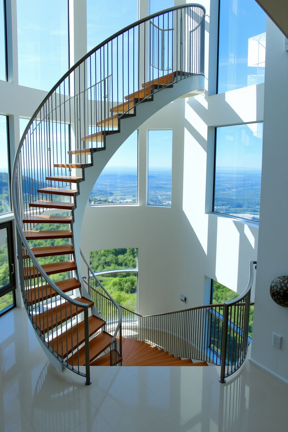 A stunning spiral staircase gracefully ascends through a bright and airy space. The staircase features sleek metal railings and wooden treads that complement the panoramic windows showcasing breathtaking views of the surrounding landscape. Natural light floods the area, enhancing the elegance of the design. The walls are adorned with minimalist art pieces that draw the eye upward, creating a focal point that invites admiration.