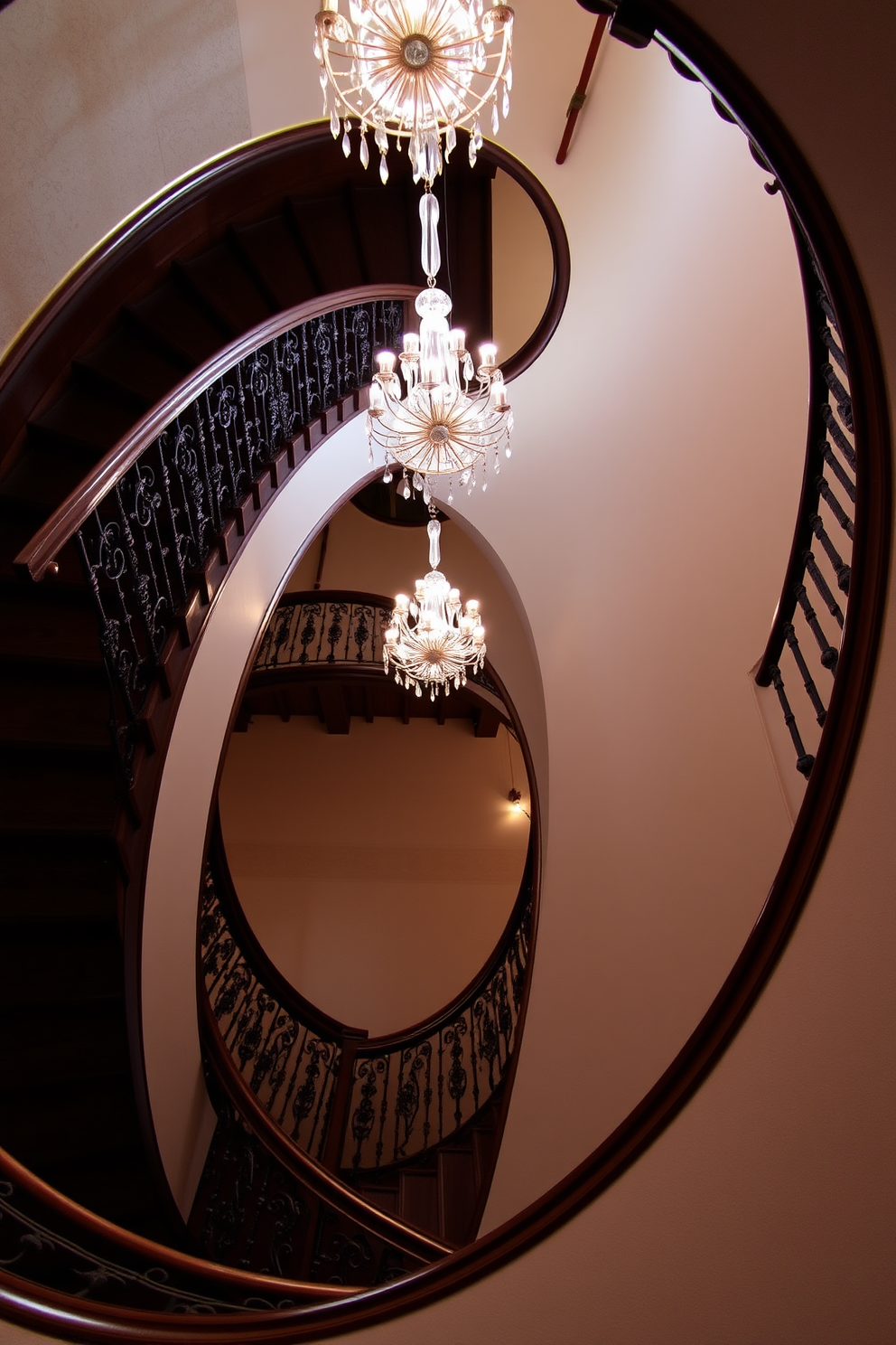 A sophisticated spiral staircase elegantly winds upward, crafted from rich dark wood with intricate balustrades. Above, a stunning crystal chandelier cascades light, enhancing the grandeur of the space. The staircase features a polished handrail that complements the surrounding decor. Soft, ambient lighting highlights the curves of the staircase, creating a warm and inviting atmosphere.