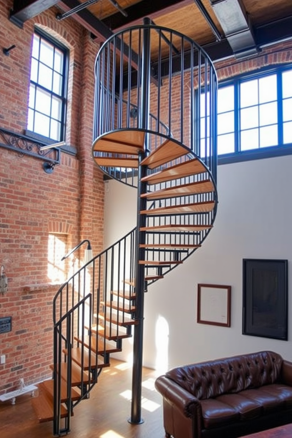 An industrial style spiral staircase winds elegantly in a spacious loft. The staircase features raw metal railings and wooden treads, complementing the exposed brick walls and high ceilings of the space. Natural light floods the area through large windows, highlighting the unique design elements. Below the staircase, a cozy seating area with a vintage leather sofa invites relaxation in this modern industrial setting.